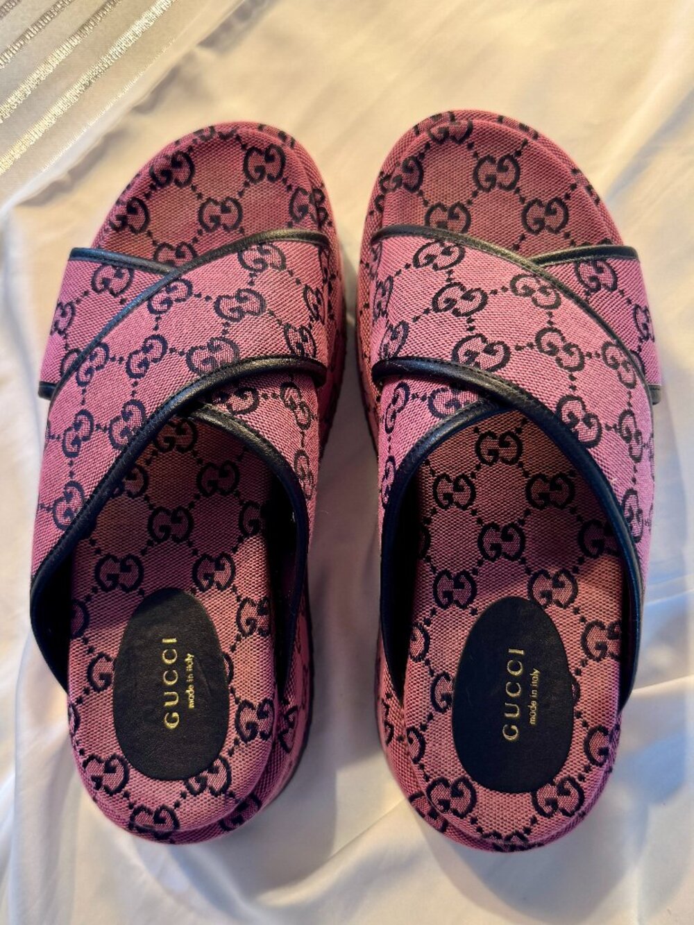 GUCCI MONOGRAM CRISS CROSS PLATFORM SLIDES